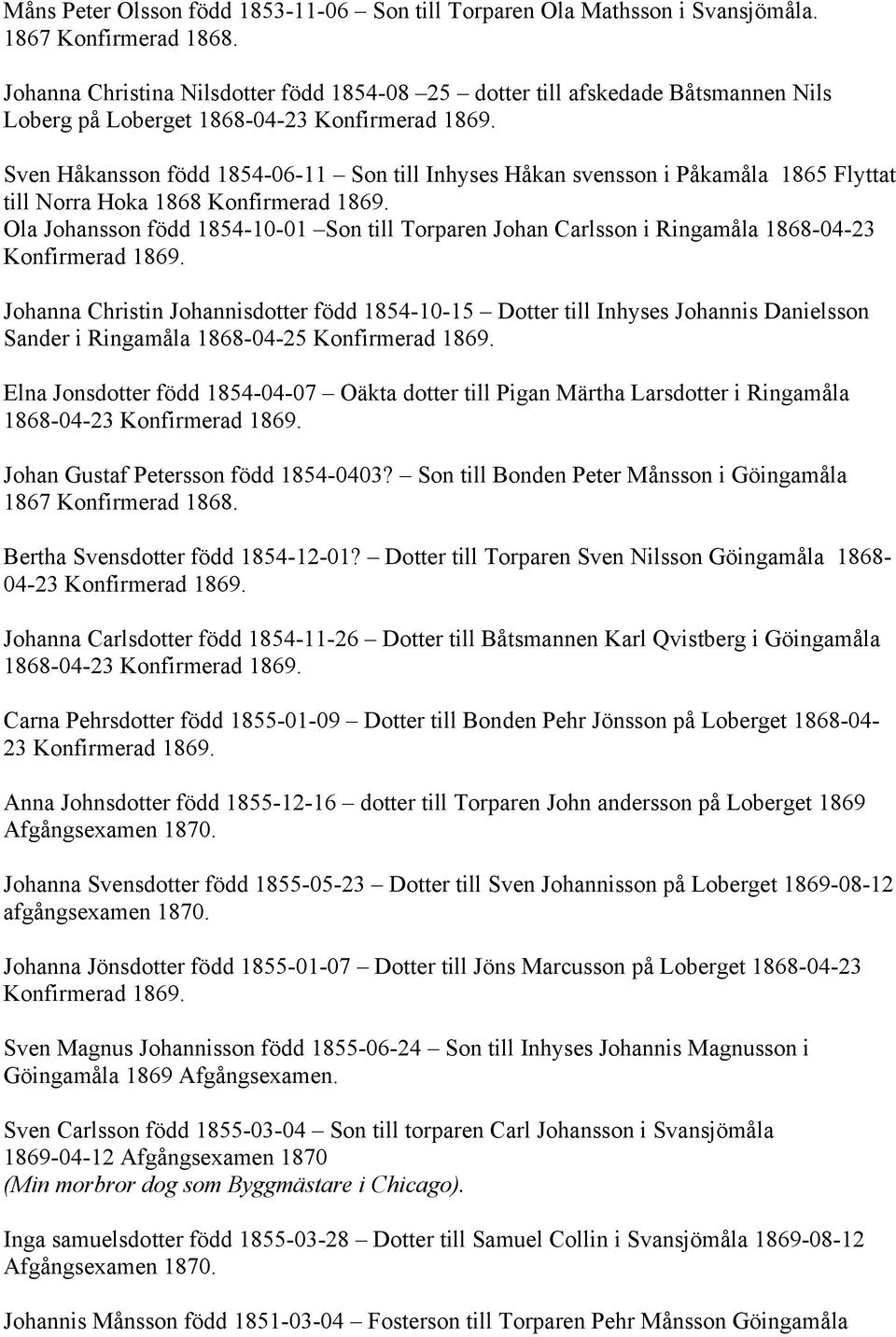 Sven Håkansson född 1854-06-11 Son till Inhyses Håkan svensson i Påkamåla 1865 Flyttat till Norra Hoka 1868 Konfirmerad 1869.
