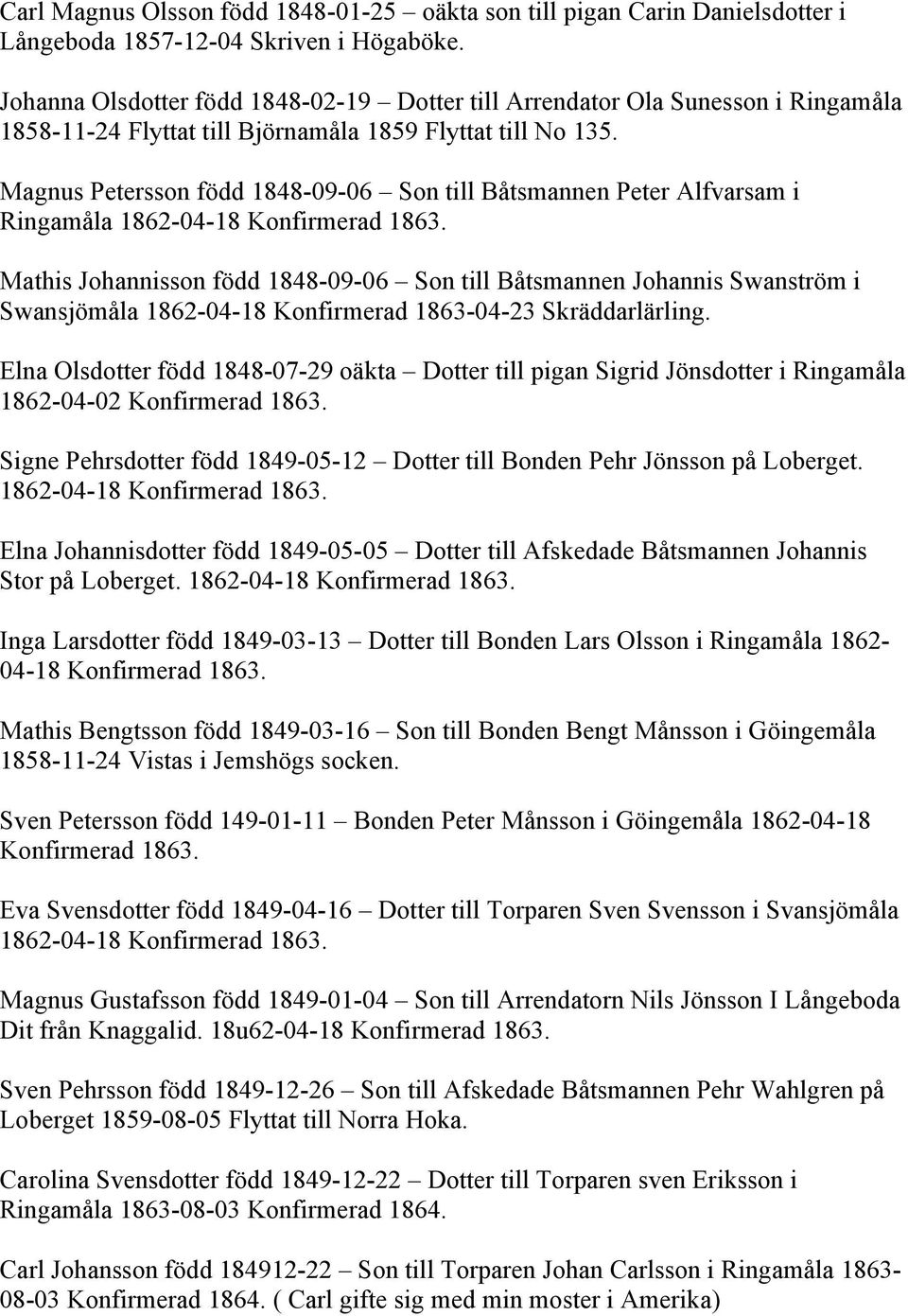 Magnus Petersson född 1848-09-06 Son till Båtsmannen Peter Alfvarsam i Ringamåla 1862-04-18 Konfirmerad 1863.