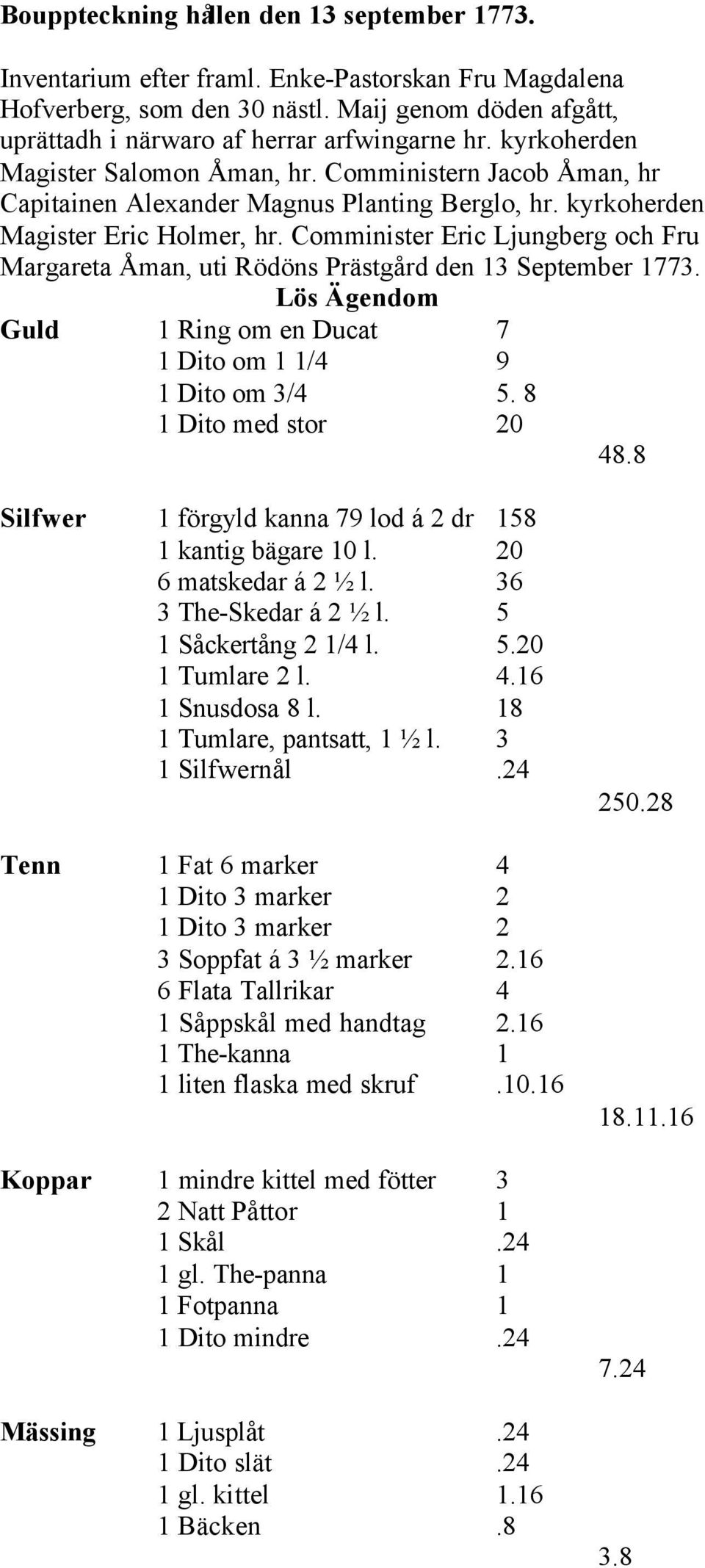 Comminister Eric Ljungberg och Fru Margareta Åman, uti Rödöns Prästgård den 13 September 1773. Lös Ägendom Guld 1 Ring om en Ducat 7 1 Dito om 1 1/4 9 1 Dito om 3/4 5. 8 1 Dito med stor 20 48.