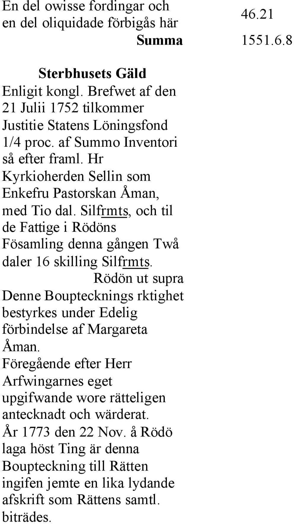 Silfrmts, och til de Fattige i Rödöns Fösamling denna gången Twå daler 16 skilling Silfrmts.