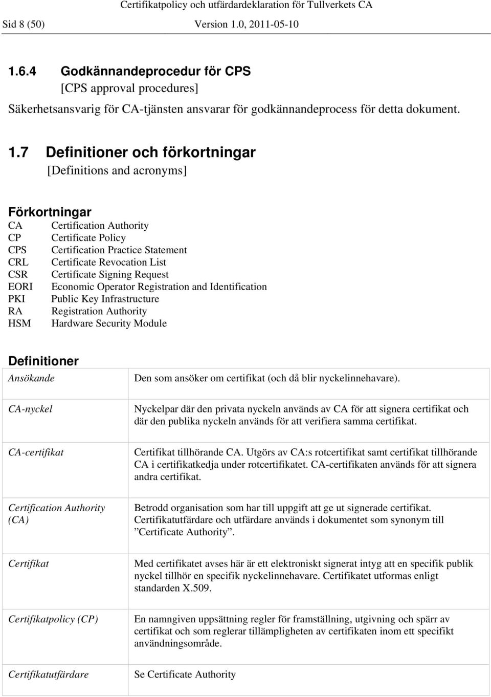 6.4 Godkännandeprocedur för CPS [CPS approval procedures] Säkerhetsansvarig för CA-tjänsten ansvarar för godkännandeprocess för detta dokument. 1.