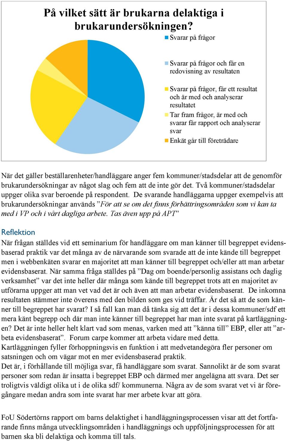 analyserar svar Enkät går till företrädare När det gäller beställarenheter/handläggare anger fem kommuner/stadsdelar att de genomför brukarundersökningar av något slag och fem att de inte gör det.