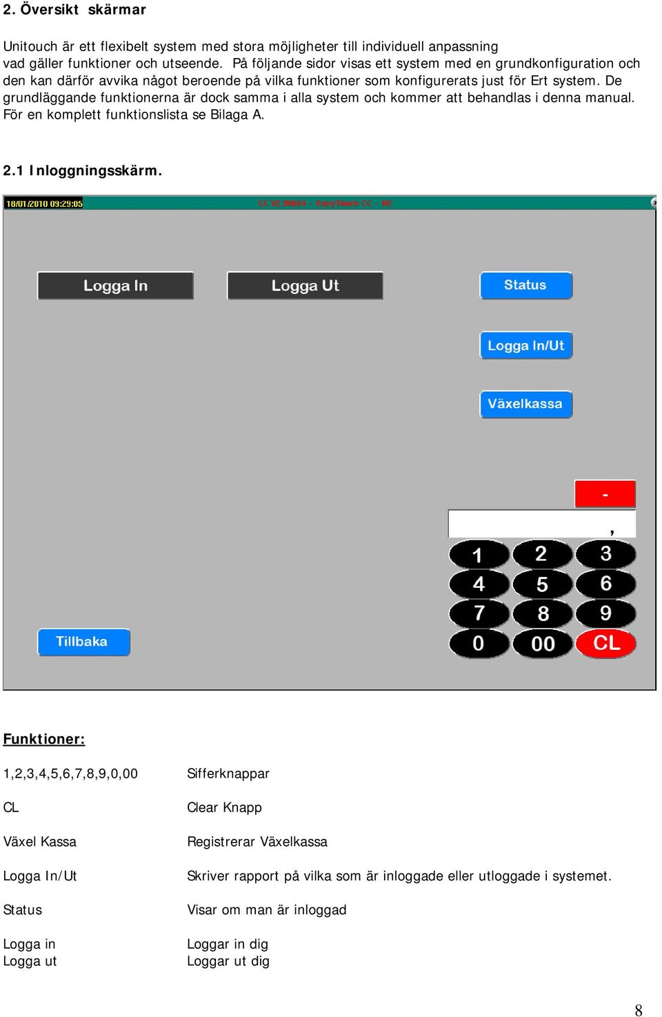 De grundläggande funktionerna är dock samma i alla system och kommer att behandlas i denna manual. För en komplett funktionslista se Bilaga A. 2.1 Inloggningsskärm.