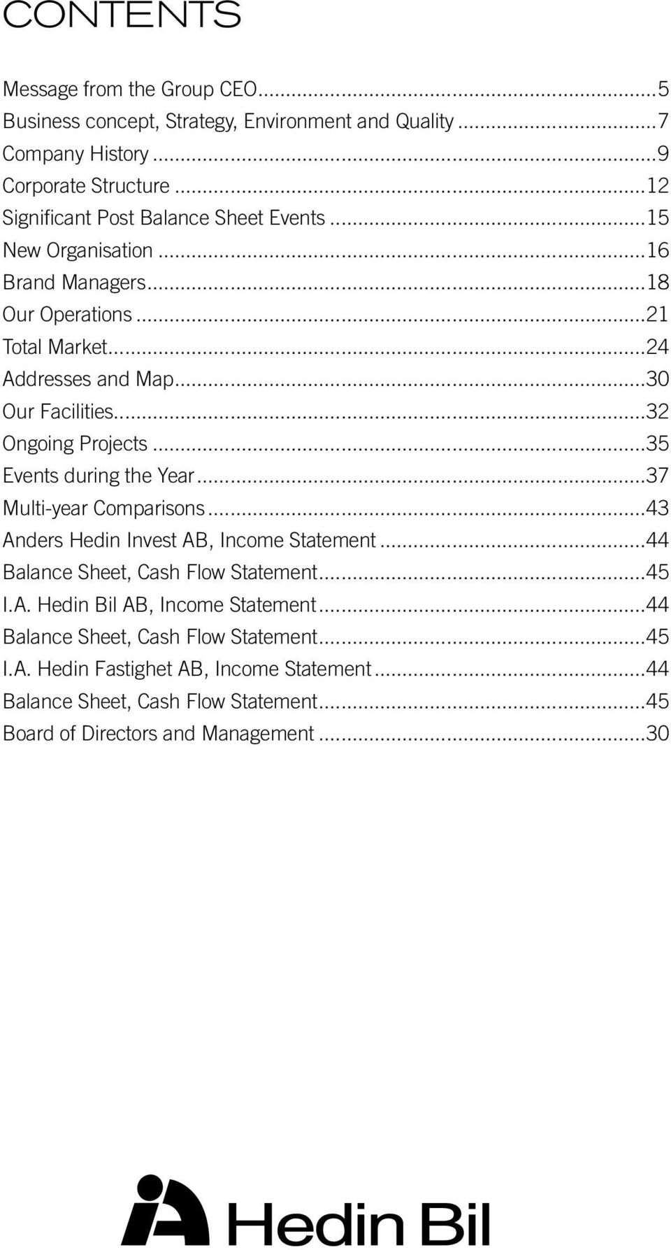 ..32 Ongoing Projects...35 Events during the Year...37 Multi-year Comparisons...43 Anders Hedin Invest AB, Income Statement...44 Balance Sheet, Cash Flow Statement...45 I.