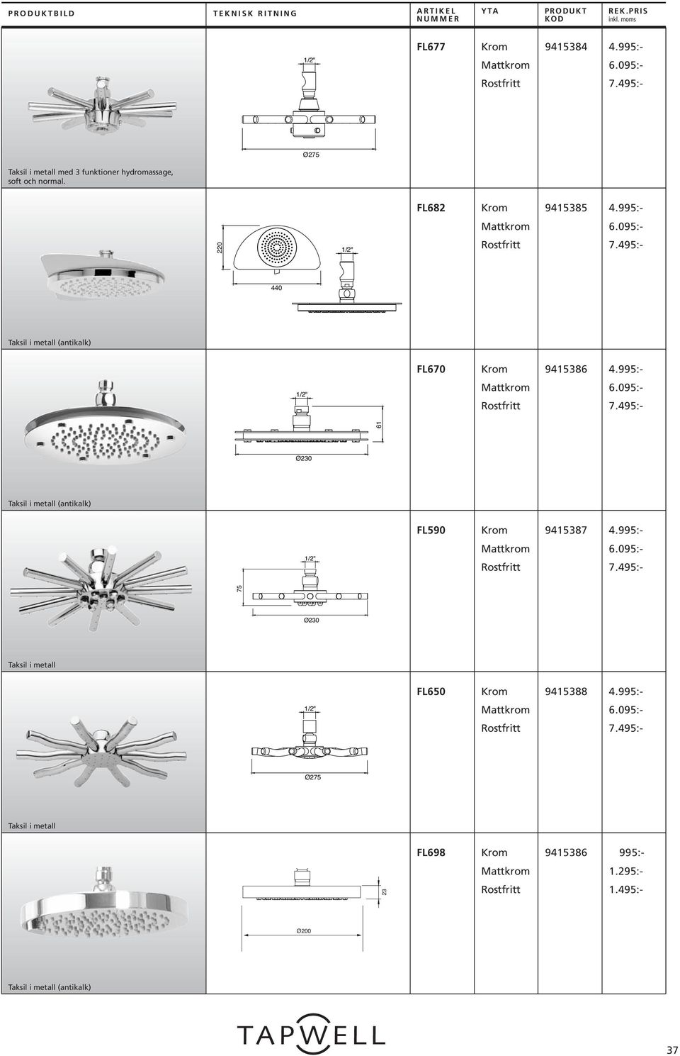 495:- 440 Taksil i metall (antikalk) FL670 9415386 4. 6.095:- 7.