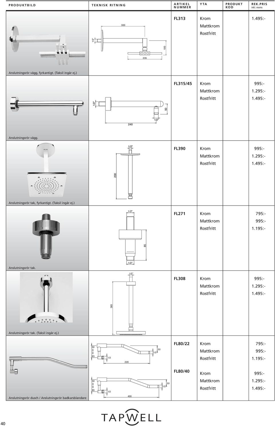) FL271 795:- 1.195:- 85 Anslutningsrör tak. 1/2 FL308 1.295:- 365 Anslutningsrör tak. (Taksil ingår ej.