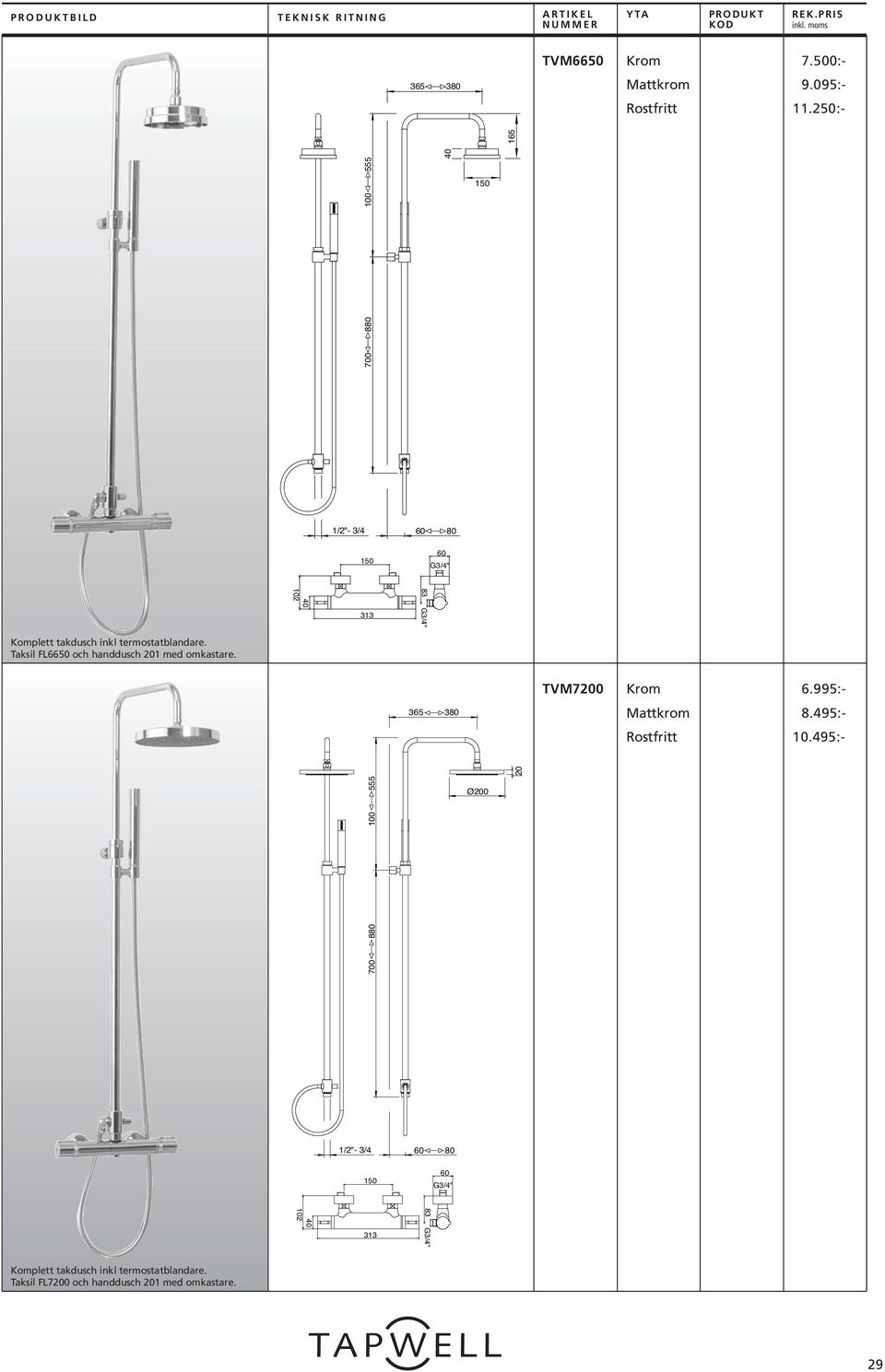 termostatblandare. Taksil FL6650 och handdusch 201 med omkastare. TVM7200 6. 8.495:- 10.