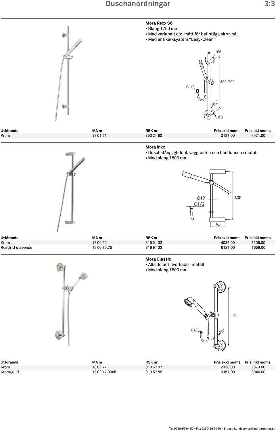 00 Mora Inxx Duschstång, gliddel, väggfästen och handdusch i metall Med slang 1500 mm Krom 13 00 90 819 91 32 4085.00 5106.