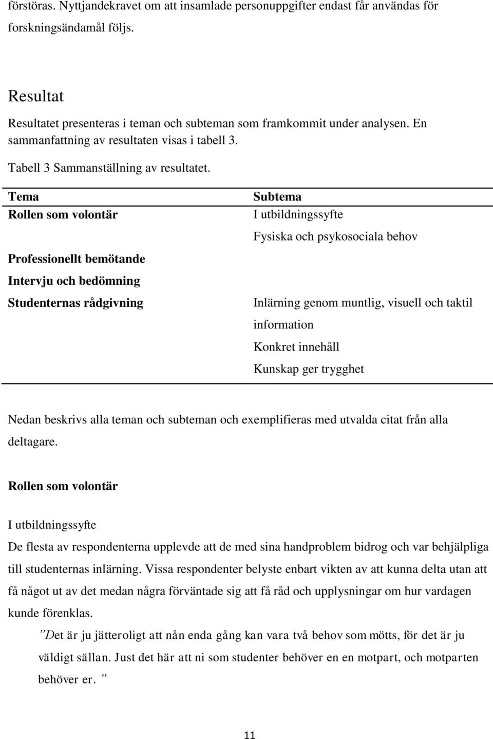 Tema Rollen som volontär Professionellt bemötande Intervju och bedömning Studenternas rådgivning Subtema I utbildningssyfte Fysiska och psykosociala behov Inlärning genom muntlig, visuell och taktil