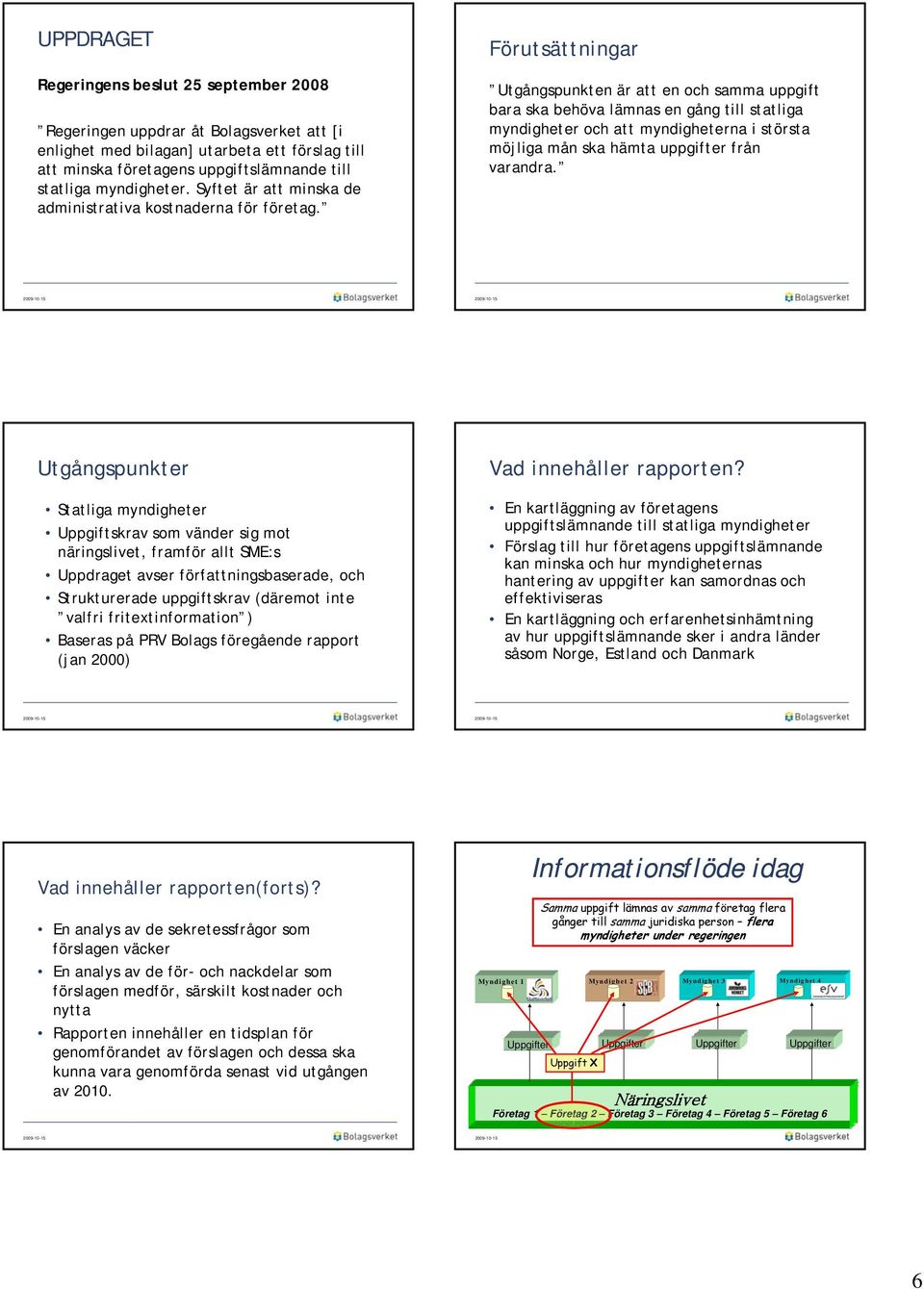 Utgångspunkten är att en och samma uppgift bara ska behöva lämnas en gång till statliga myndigheter och att myndigheterna i största möjliga mån ska hämta uppgifter från varandra.