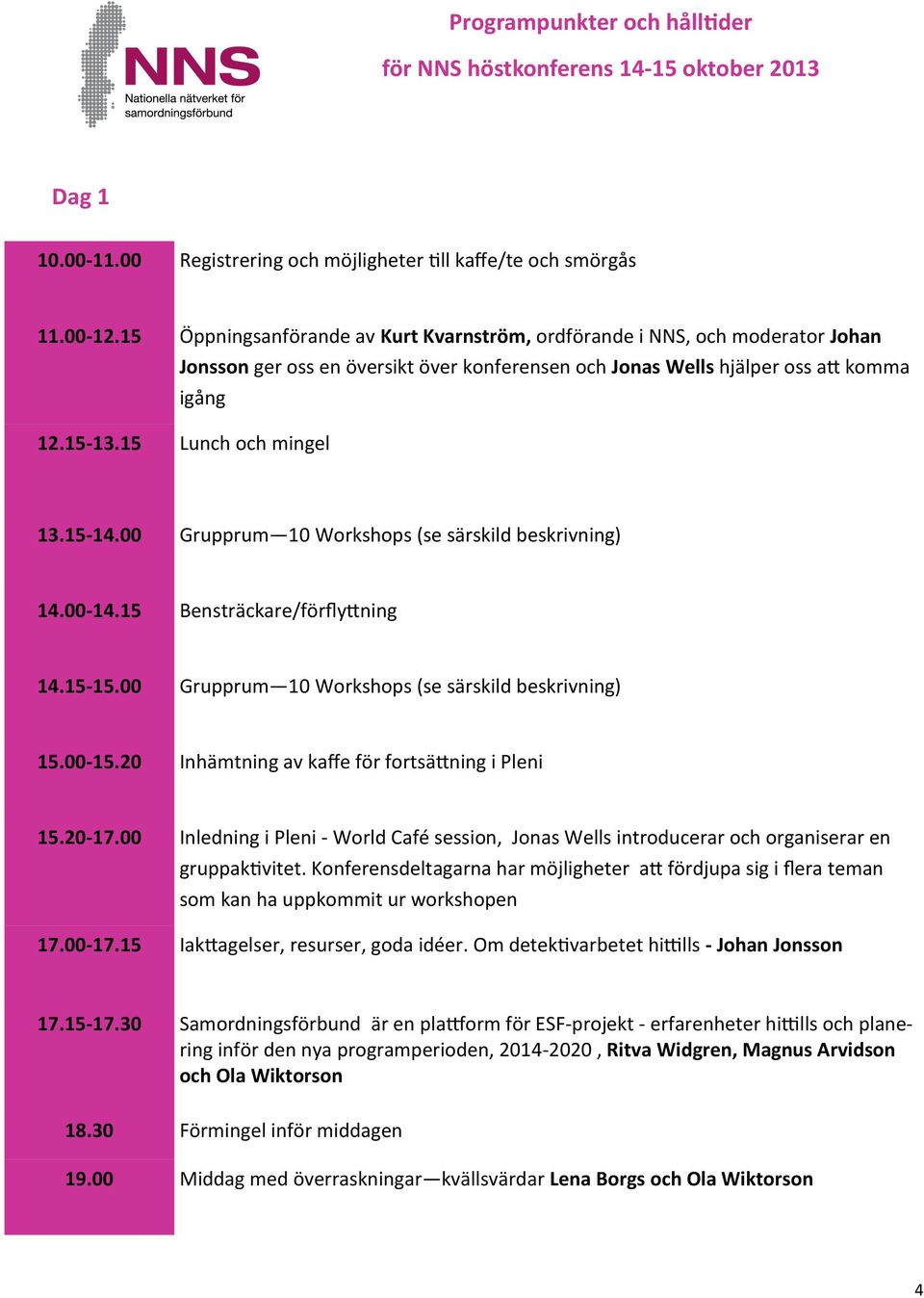 15-14.00 Grupprum 10 Workshops (se särskild beskrivning) 14.00-14.15 Bensträckare/förflyttning 14.15-15.00 Grupprum 10 Workshops (se särskild beskrivning) 15.00-15.