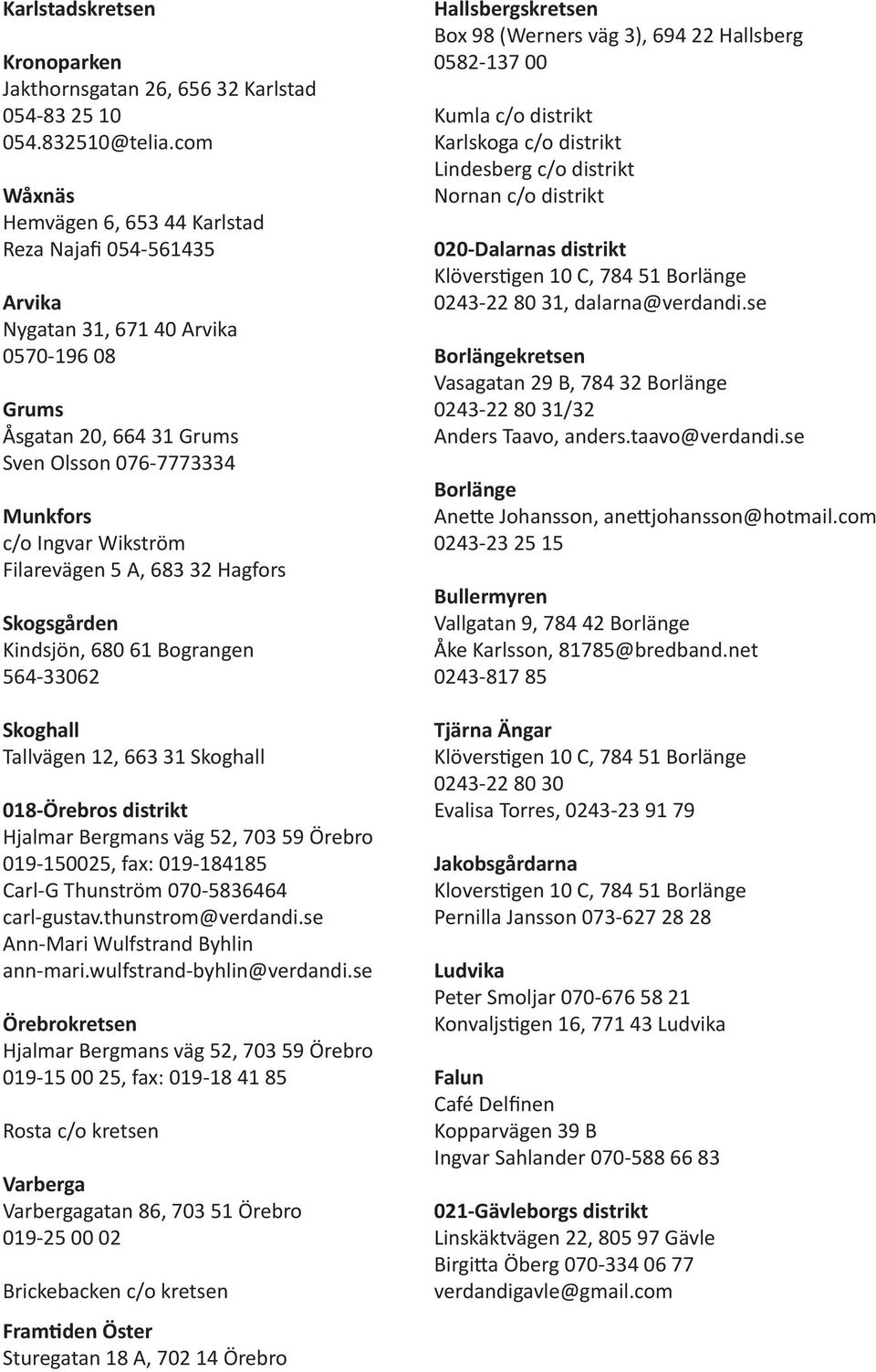 Filarevägen 5 A, 683 32 Hagfors Skogsgården Kindsjön, 680 61 Bograngen 564-33062 Skoghall Tallvägen 12, 663 31 Skoghall 018-Örebros distrikt Hjalmar Bergmans väg 52, 703 59 Örebro 019-150025, fax: