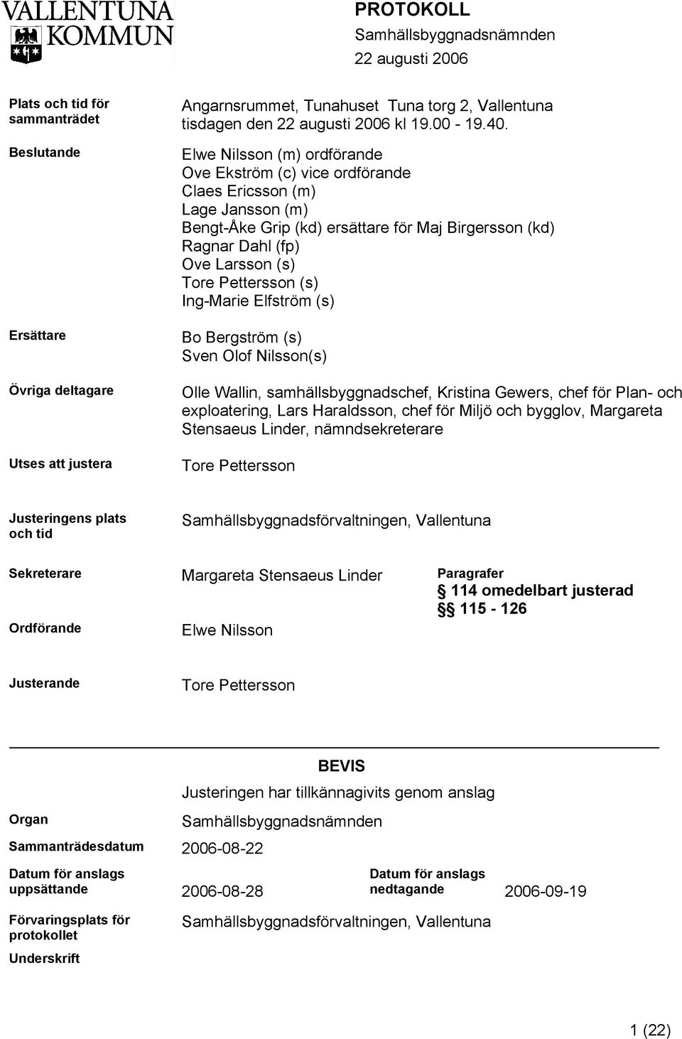 Elwe Nilsson (m) ordförande Ove Ekström (c) vice ordförande Claes Ericsson (m) Lage Jansson (m) Bengt-Åke Grip (kd) ersättare för Maj Birgersson (kd) Ragnar Dahl (fp) Ove Larsson (s) Tore Pettersson