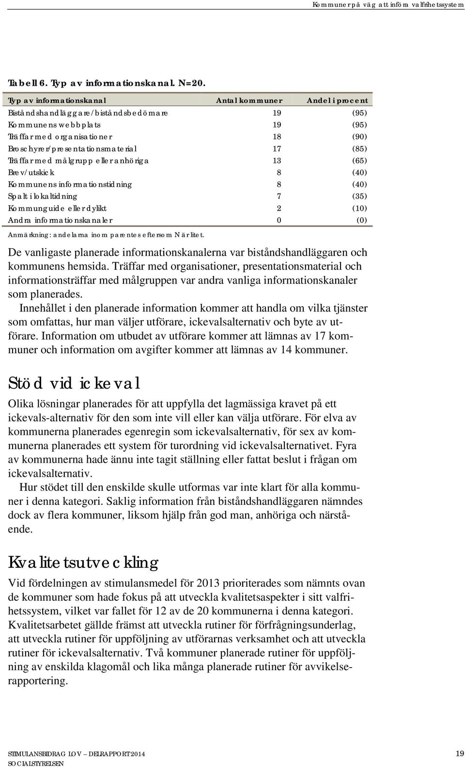 (85) Träffar med målgrupp eller anhöriga 13 (65) Brev/utskick 8 (40) Kommunens informationstidning 8 (40) Spalt i lokaltidning 7 (35) Kommunguide eller dylikt 2 (10) Andra informationskanaler 0 (0)