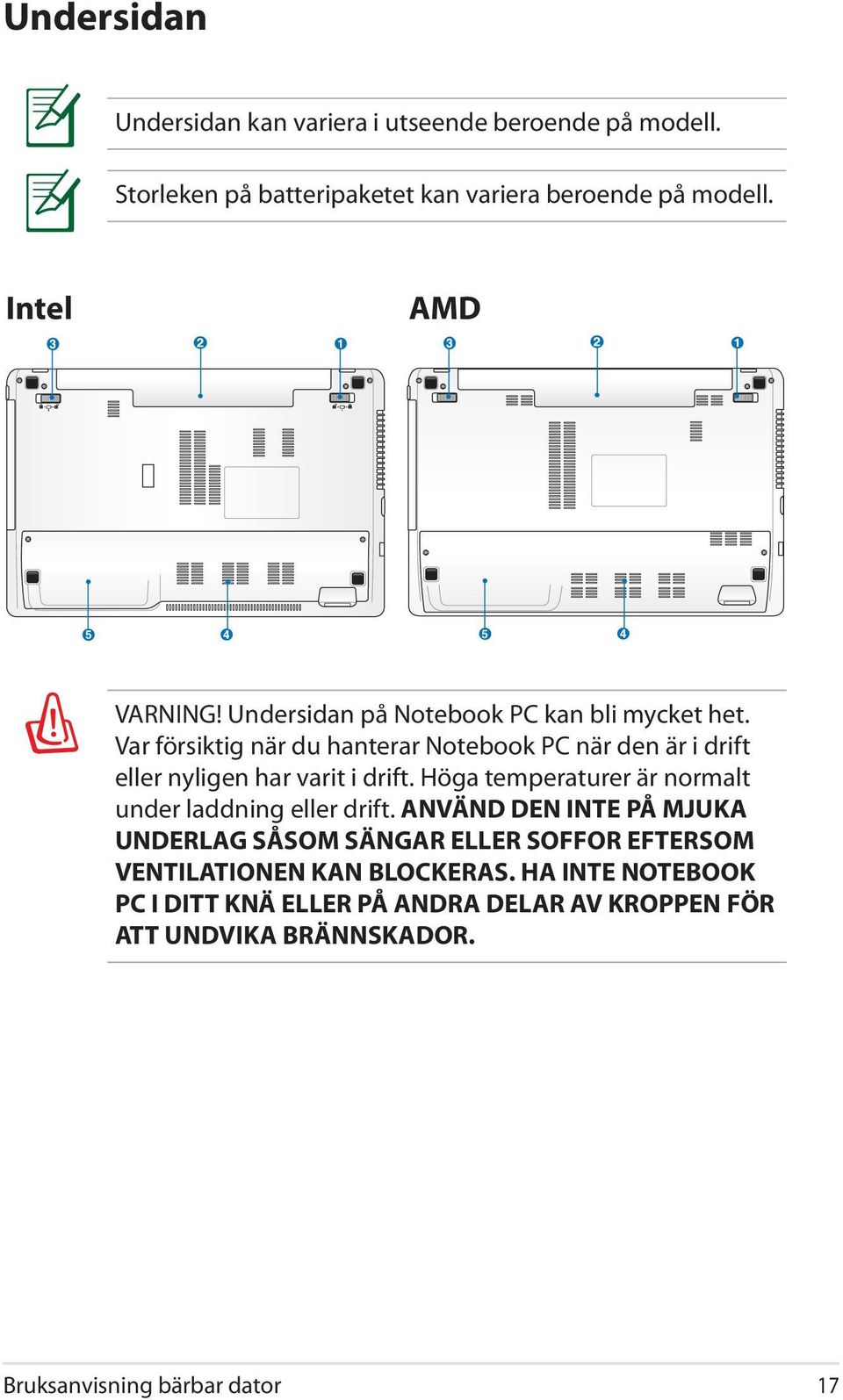 Var försiktig när du hanterar Notebook PC när den är i drift eller nyligen har varit i drift.