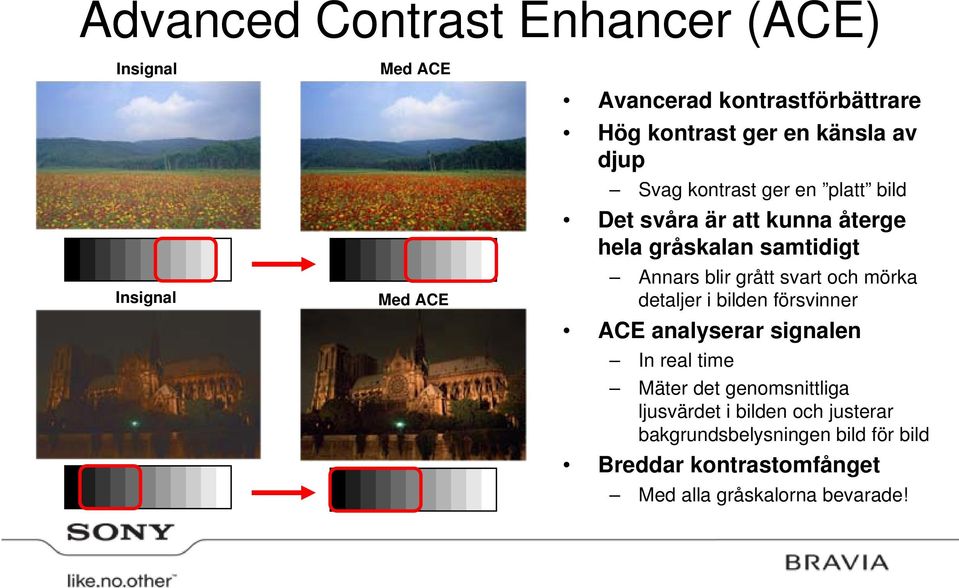 grått svart och mörka detaljer i bilden försvinner ACE analyserar signalen In real time Mäter det genomsnittliga