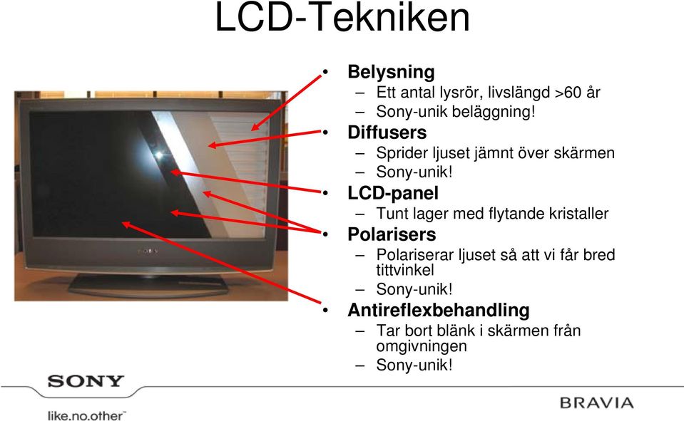 LCD-panel Tunt lager med flytande kristaller Polarisers Polariserar ljuset så