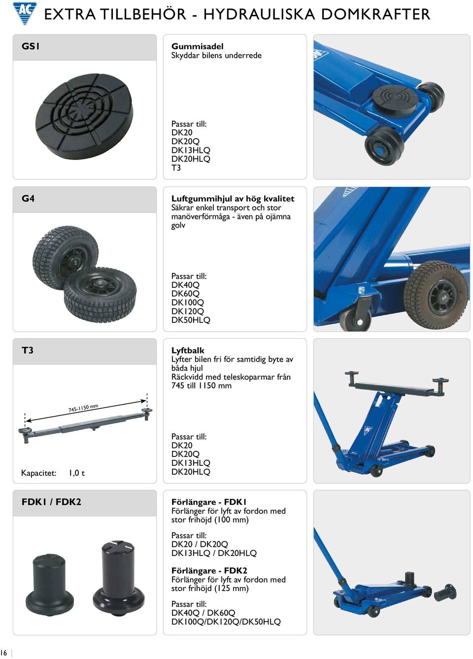 Räckvidd med teleskoparmar från 745 till 1150 mm 745-1150 mm 1,0 t DK20 DK20Q DK13HLQ DK20HLQ FDK1 / FDK2 Förlängare - FDK1 Förlänger för lyft av fordon med