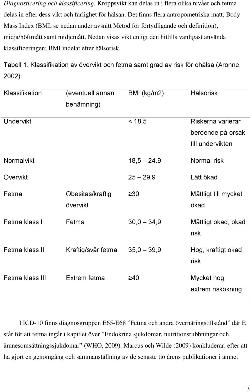 Nedan visas vikt enligt den hittills vanligast använda klassificeringen; BMI indelat efter hälsorisk. Tabell 1.