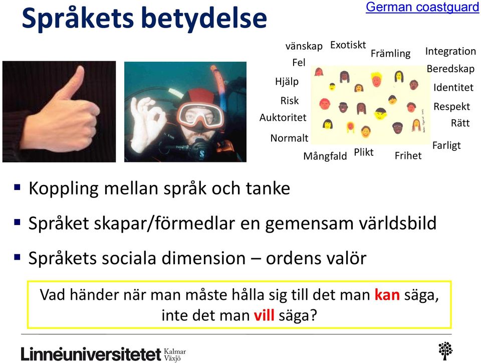 mellan språk och tanke Språket skapar/förmedlar en gemensam världsbild Språkets sociala