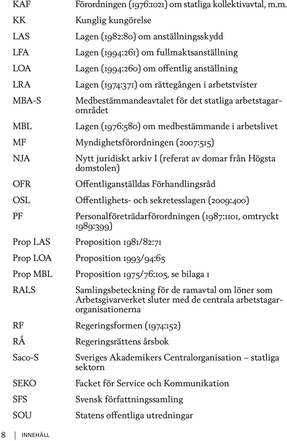 m. Kunglig kungörelse Lagen (1982:80) om anställningsskydd Lagen (1994:261) om fullmaktsanställning Lagen (1994:260) om offentlig anställning Lagen (1974:371) om rättegången i arbetstvister