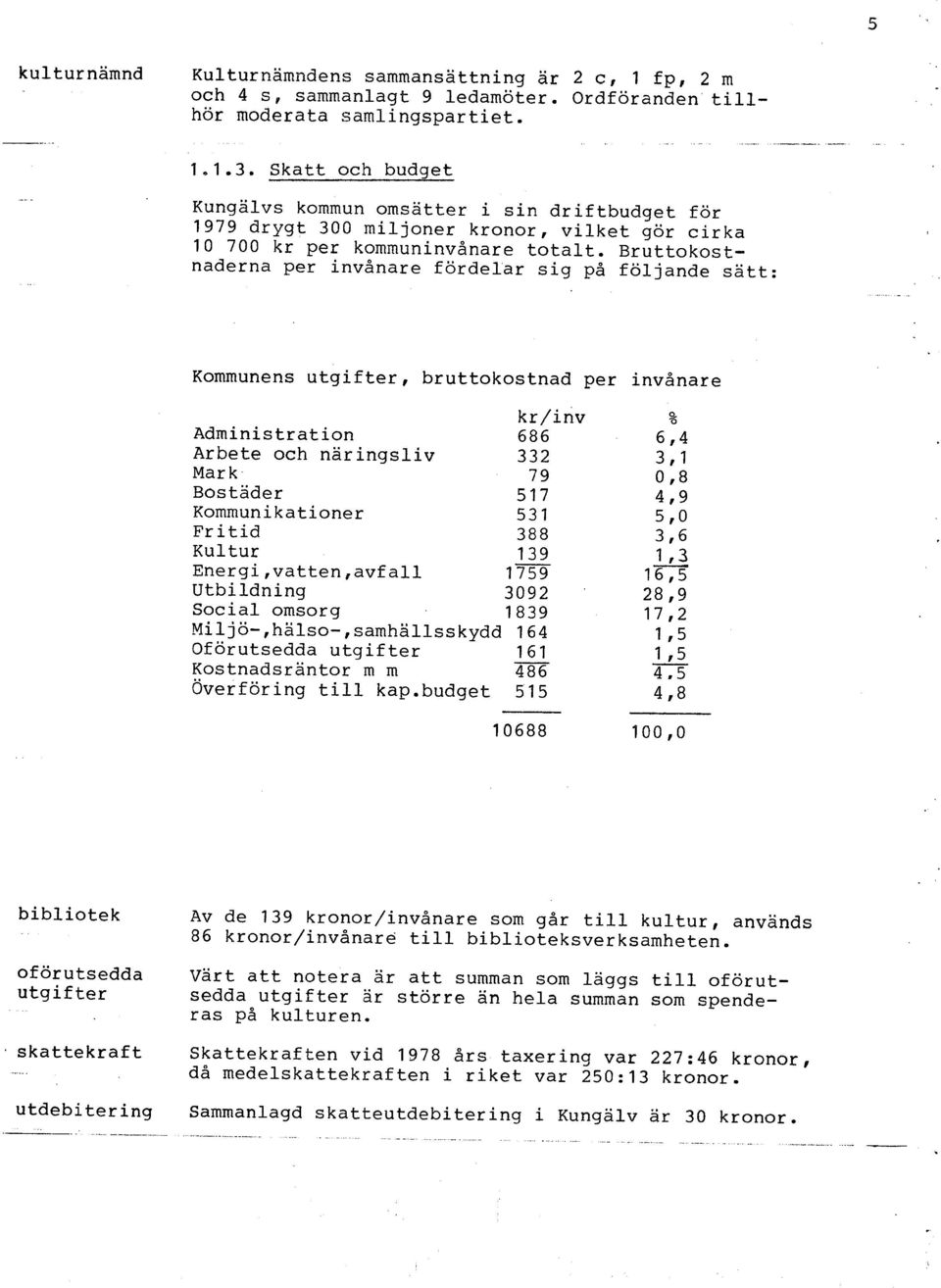 Bruttokostnaderna per invånare fördelar sig på följande sätt: Kommunens utgifter, bruttokostnad per invånare kr/inv Administration 686 Arbete och näringsliv 332 Mar k 79 Bostäder 517 Kommunikationer