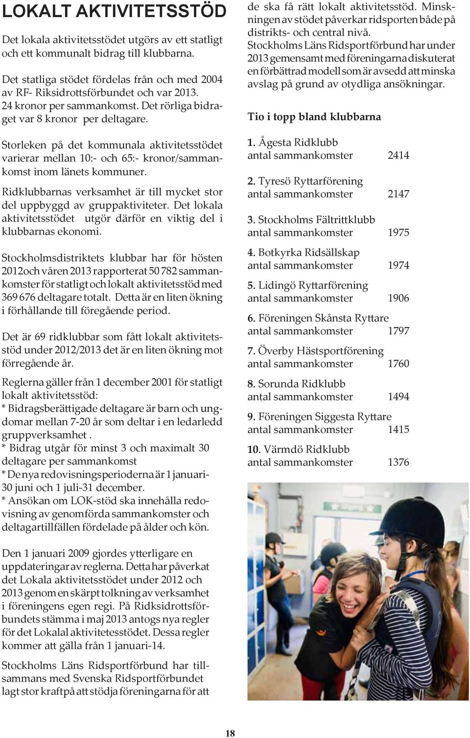 Storleken på det kommunala aktivitetsstödet varierar mellan 10:- och 65:- kronor/sammankomst inom länets kommuner. Ridklubbarnas verksamhet är till mycket stor del uppbyggd av gruppaktiviteter.