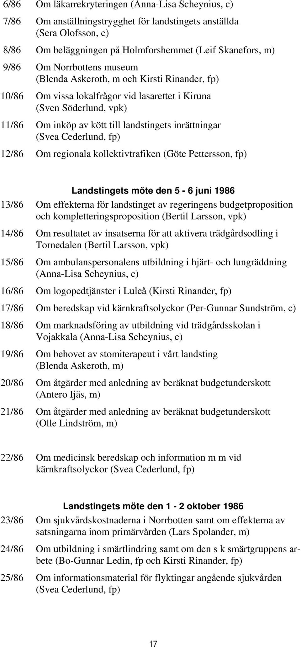 Cederlund, fp) 12/86 Om regionala kollektivtrafiken (Göte Pettersson, fp) Landstingets möte den 5-6 juni 1986 13/86 Om effekterna för landstinget av regeringens budgetproposition och