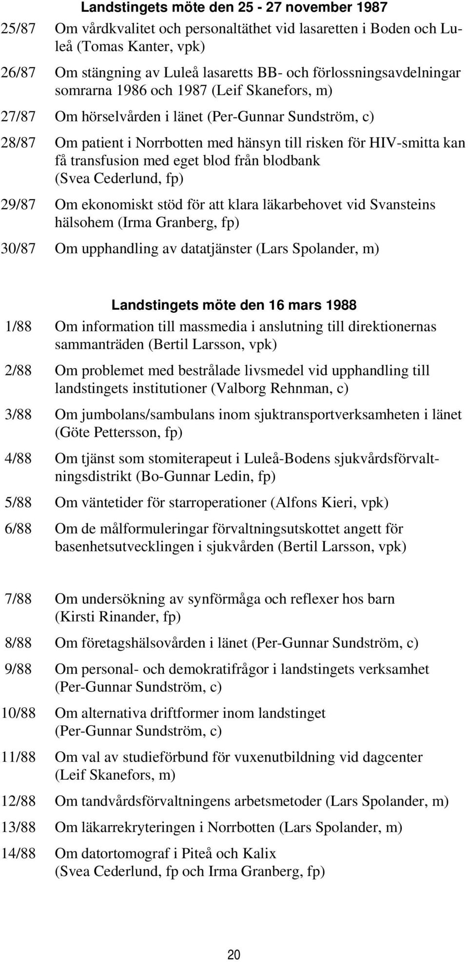 transfusion med eget blod från blodbank (Svea Cederlund, fp) 29/87 Om ekonomiskt stöd för att klara läkarbehovet vid Svansteins hälsohem (Irma Granberg, fp) 30/87 Om upphandling av datatjänster (Lars