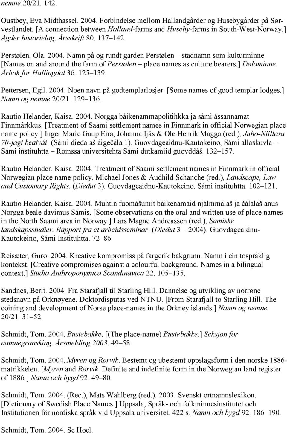 ] Dølaminne. Årbok for Hallingdal 36. 125 139. Pettersen, Egil. 2004. Noen navn på godtemplarlosjer. [Some names of good templar lodges.] Namn og nemne 20/21. 129 136. Rautio Helander, Kaisa. 2004. Norgga báikenammapolitihkka ja sámi ássannamat Finnmárkkus.