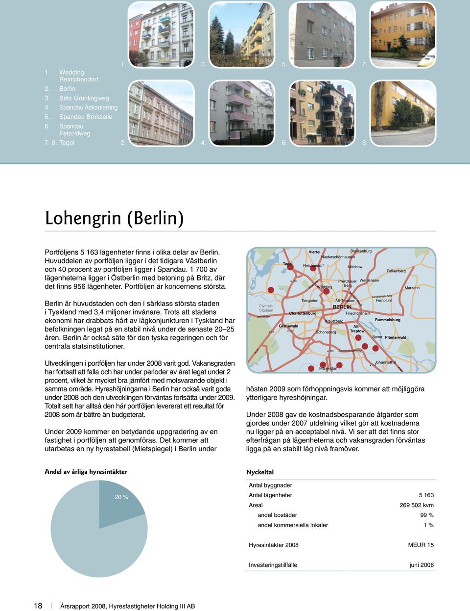 Huvuddelen av portföljen ligger i det tidigare Västberlin och 40 procent av portföljen ligger i Spandau. 1 700 av lägenheterna ligger i Östberlin med betoning på Britz, där det finns 956 lägenheter.