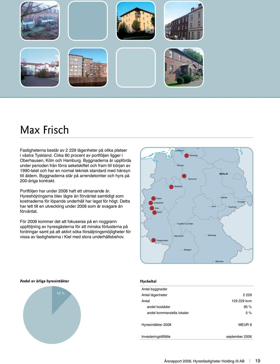 Byggnaderna står på arrendetomter och hyrs på 200-åriga kontrakt. Cuxhaven Bremen Hamburg Hannover BERLIN Portföljen har under 2008 haft ett utmanande år.