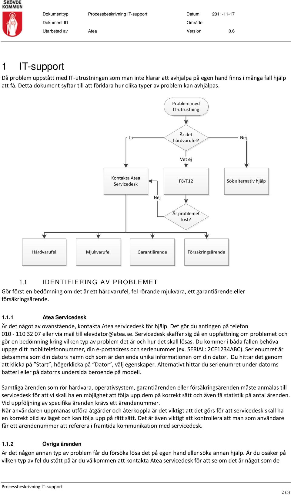 1 IDENTIFIERING AV PROBLEMET Gör först en bedömning om det är ett hårdvarufel, fel rörande mjukvara, ett garantiärende eller försäkringsärende. 1.1.1 Atea Servicedesk Är det något av ovanstående, kontakta Atea servicedesk för hjälp.