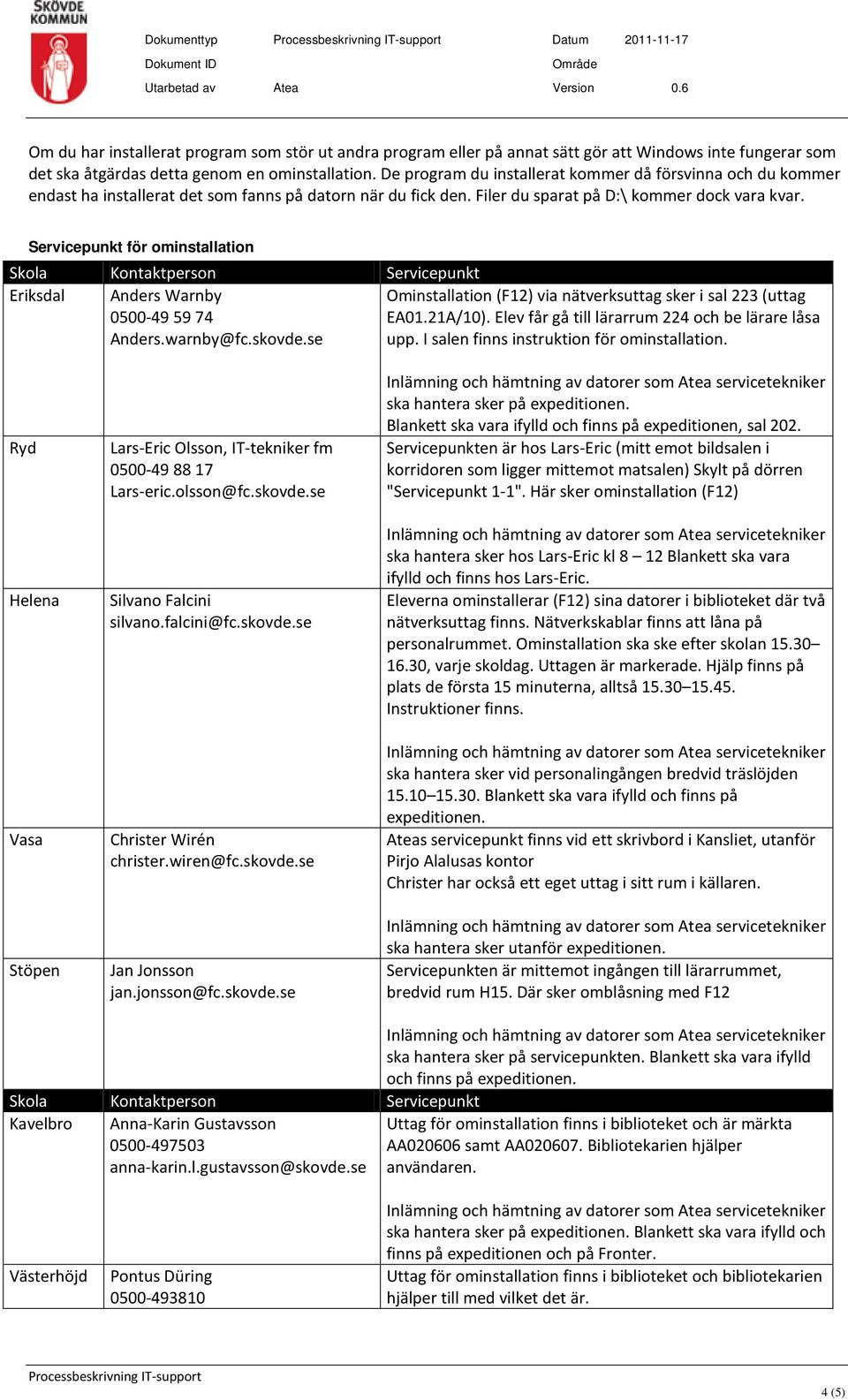 Servicepunkt för ominstallation Skola Kontaktperson Servicepunkt Eriksdal Anders Warnby 0500-49 59 74 Anders.warnby@fc.skovde.se Ominstallation (F12) via nätverksuttag sker i sal 223 (uttag EA01.