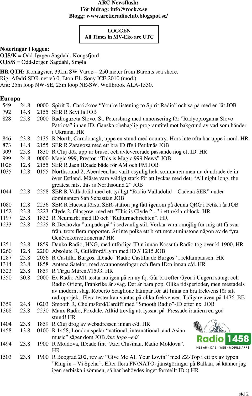 Wellbrook ALA-1530. Europa 549 24.8 0000 Spirit R, Carrickroe You re listening to Spirit Radio och så på med en låt JOB 792 14.8 2155 SER R Sevilla JOB 828 25.8 2000 Radiogazeta Slovo, St.