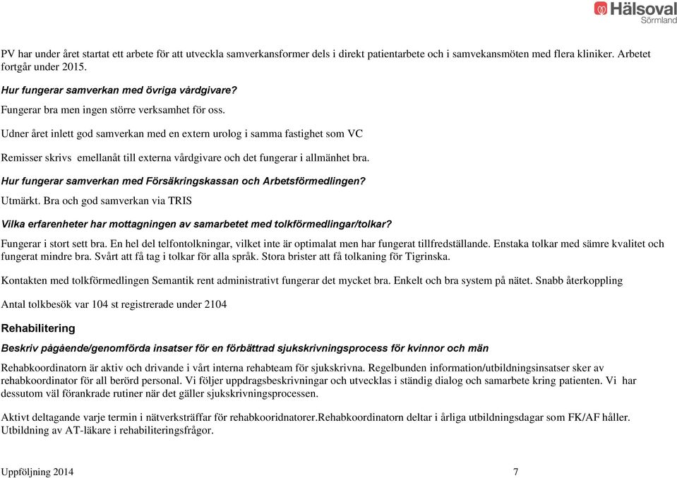 Udner året inlett god samverkan med en extern urolog i samma fastighet som VC Remisser skrivs emellanåt till externa vårdgivare och det fungerar i allmänhet bra.