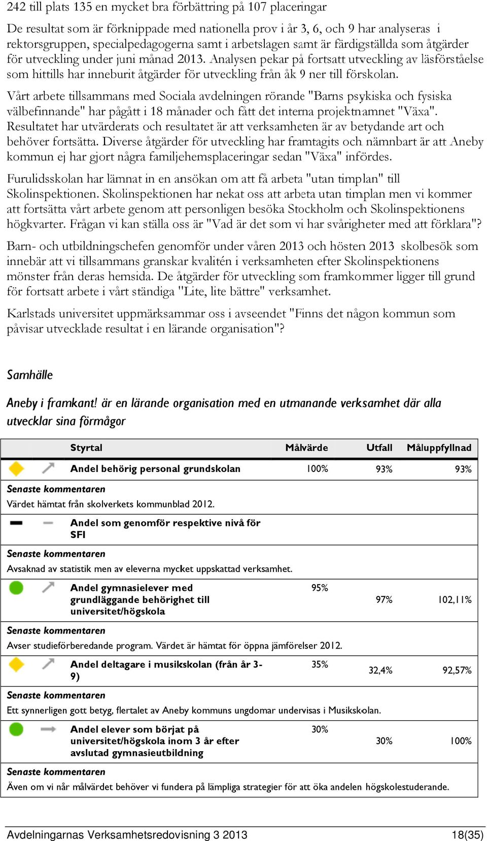 Analysen pekar påå fortsatt utveckling av läsförståelsel e som hittills har inneburit åtgärder för utveckling från åk 9 ner till förskolan.