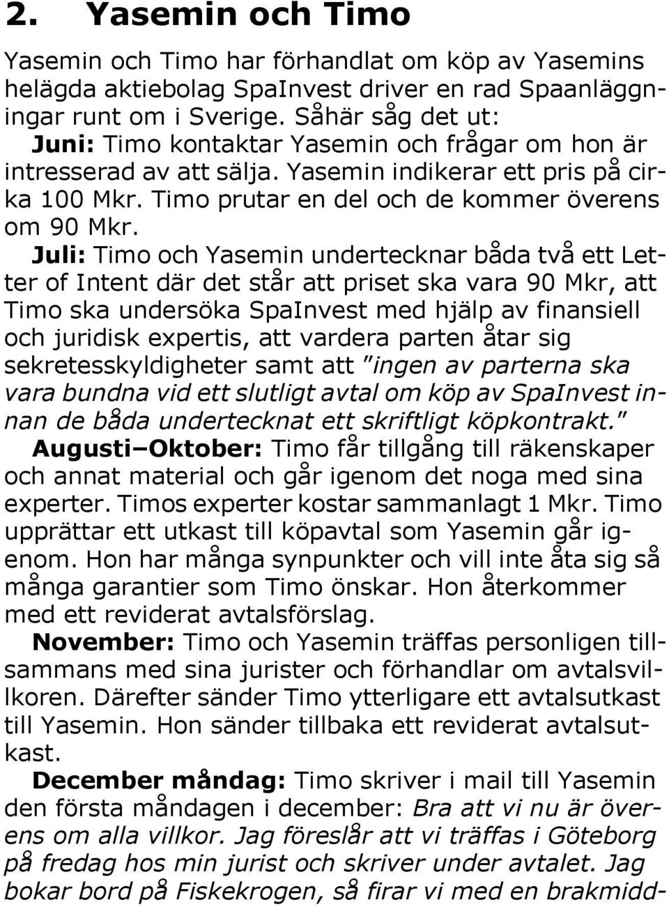 Juli: Timo och Yasemin undertecknar båda två ett Letter of Intent där det står att priset ska vara 90 Mkr, att Timo ska undersöka SpaInvest med hjälp av finansiell och juridisk expertis, att vardera