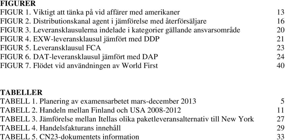 DAT-leveransklausul jämfört med DAP 24 FIGUR 7. Flödet vid användningen av World First 40 TABELLER TABELL 1. Planering av examensarbetet mars-december 2013 5 TABELL 2.