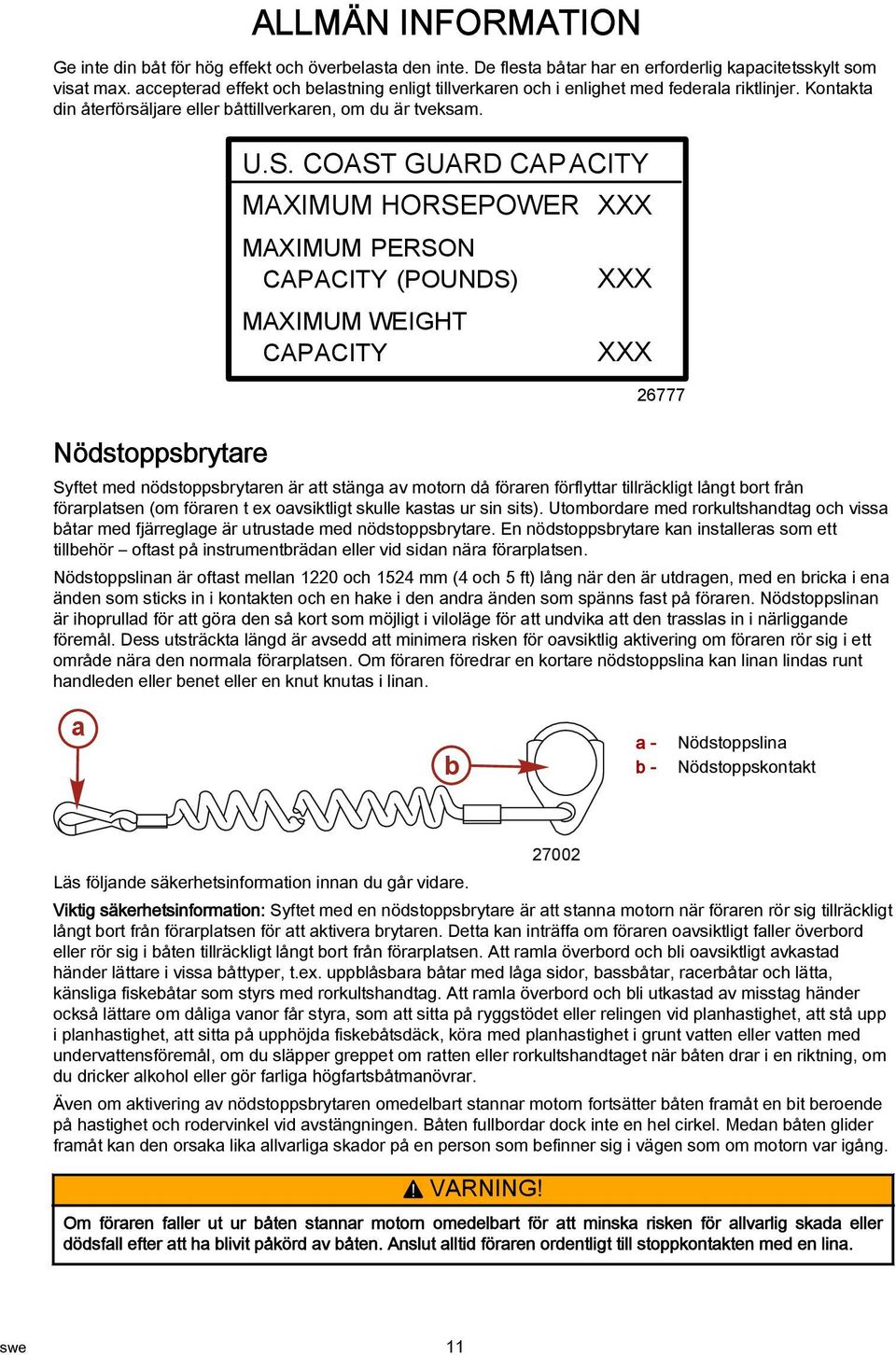 COAST GUARD CAP ACITY MAXIMUM HORSEPOWER XXX MAXIMUM PERSON CAPACITY (POUNDS) MAXIMUM WEIGHT CAPACITY XXX XXX 26777 Nödstoppsbrytare Syftet med nödstoppsbrytaren är att stänga av motorn då föraren