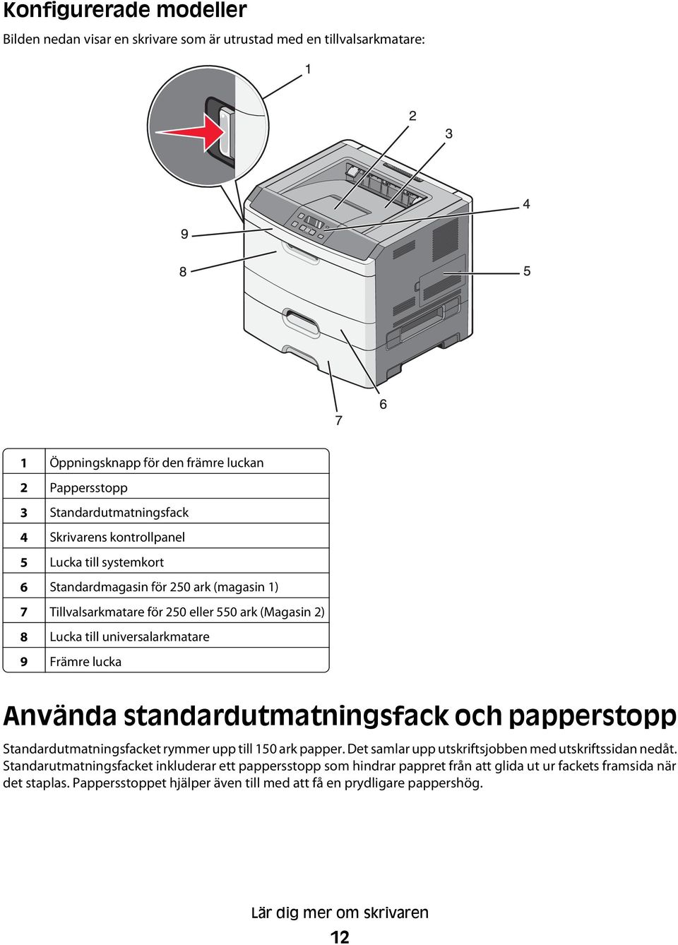 standardutmatningsfack och papperstopp Standardutmatningsfacket rymmer upp till 150 ark papper. Det samlar upp utskriftsjobben med utskriftssidan nedåt.