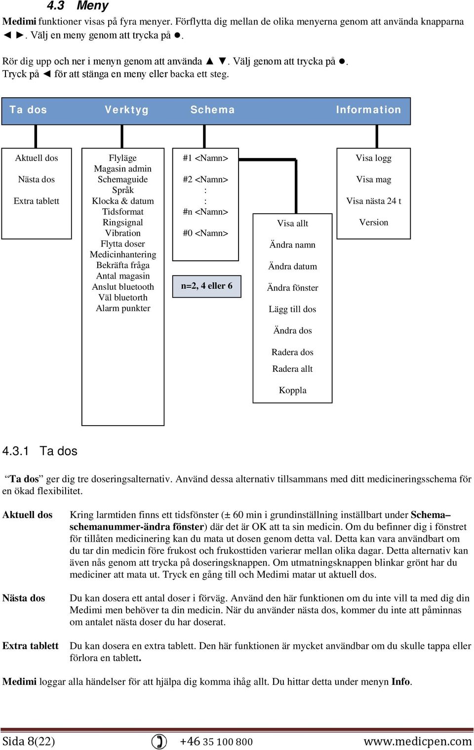 Ta dos Verktyg Schema Information Aktuell dos Nästa dos Extra tablett Flyläge Magasin admin Schemaguide Språk Klocka & datum Tidsformat Ringsignal Vibration Flytta doser Medicinhantering Bekräfta