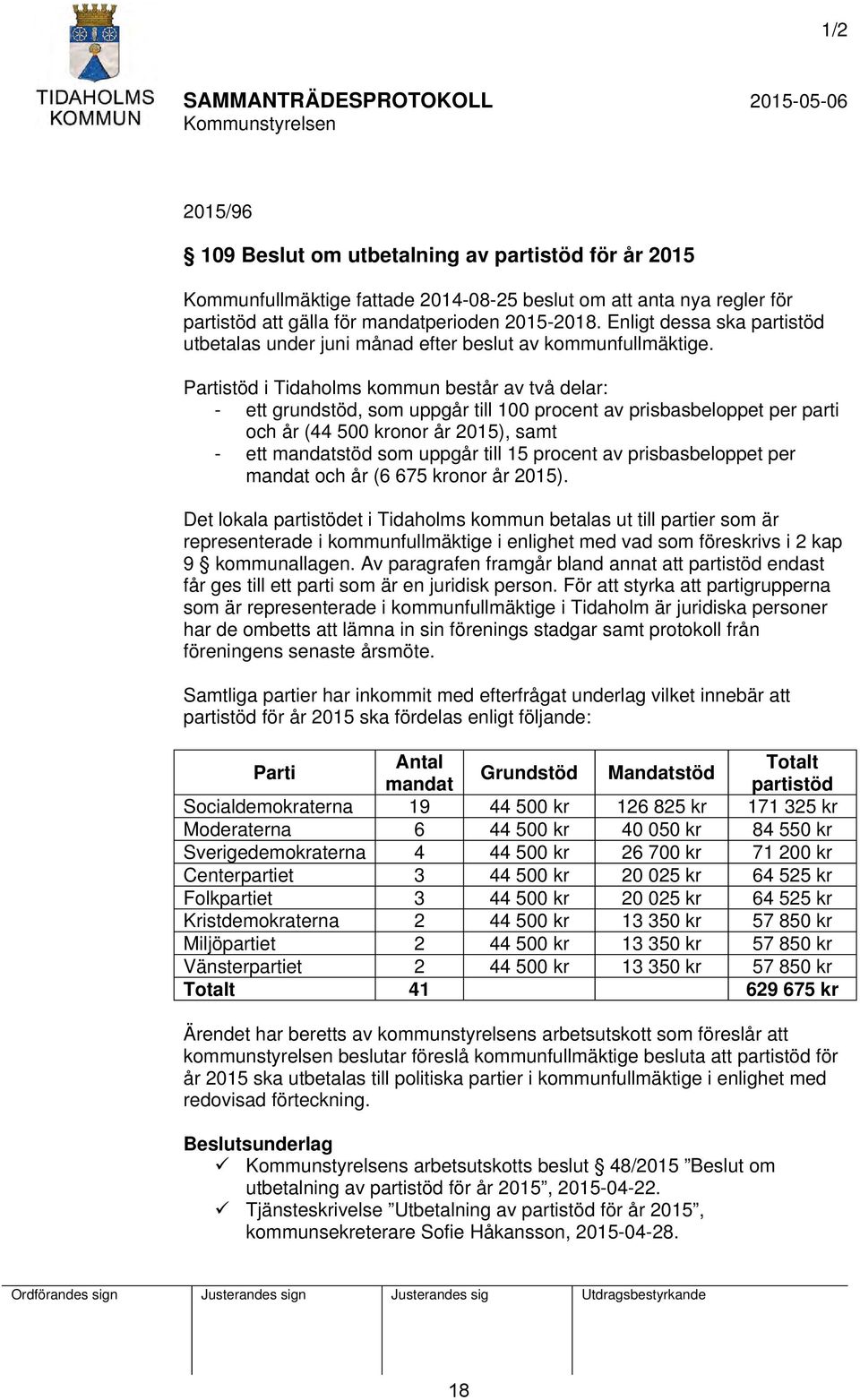 Partistöd i Tidaholms kommun består av två delar: - ett grundstöd, som uppgår till 100 procent av prisbasbeloppet per parti och år (44 500 kronor år 2015), samt - ett mandatstöd som uppgår till 15