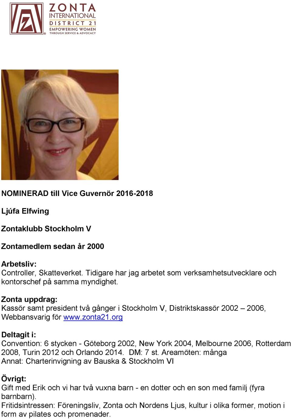 Zonta uppdrag: Kassör samt president två gånger i Stockholm V, Distriktskassör 2002 2006, Webbansvarig för www.zonta21.