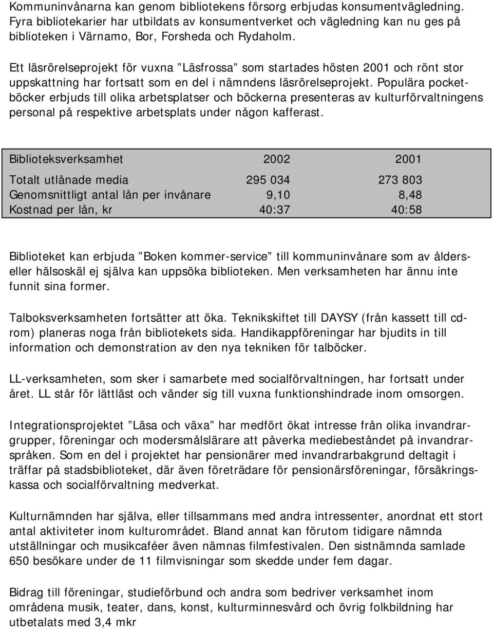 Ett läsrörelseprojekt för vuxna Läsfrossa som startades hösten 2001 och rönt stor uppskattning har fortsatt som en del i nämndens läsrörelseprojekt.