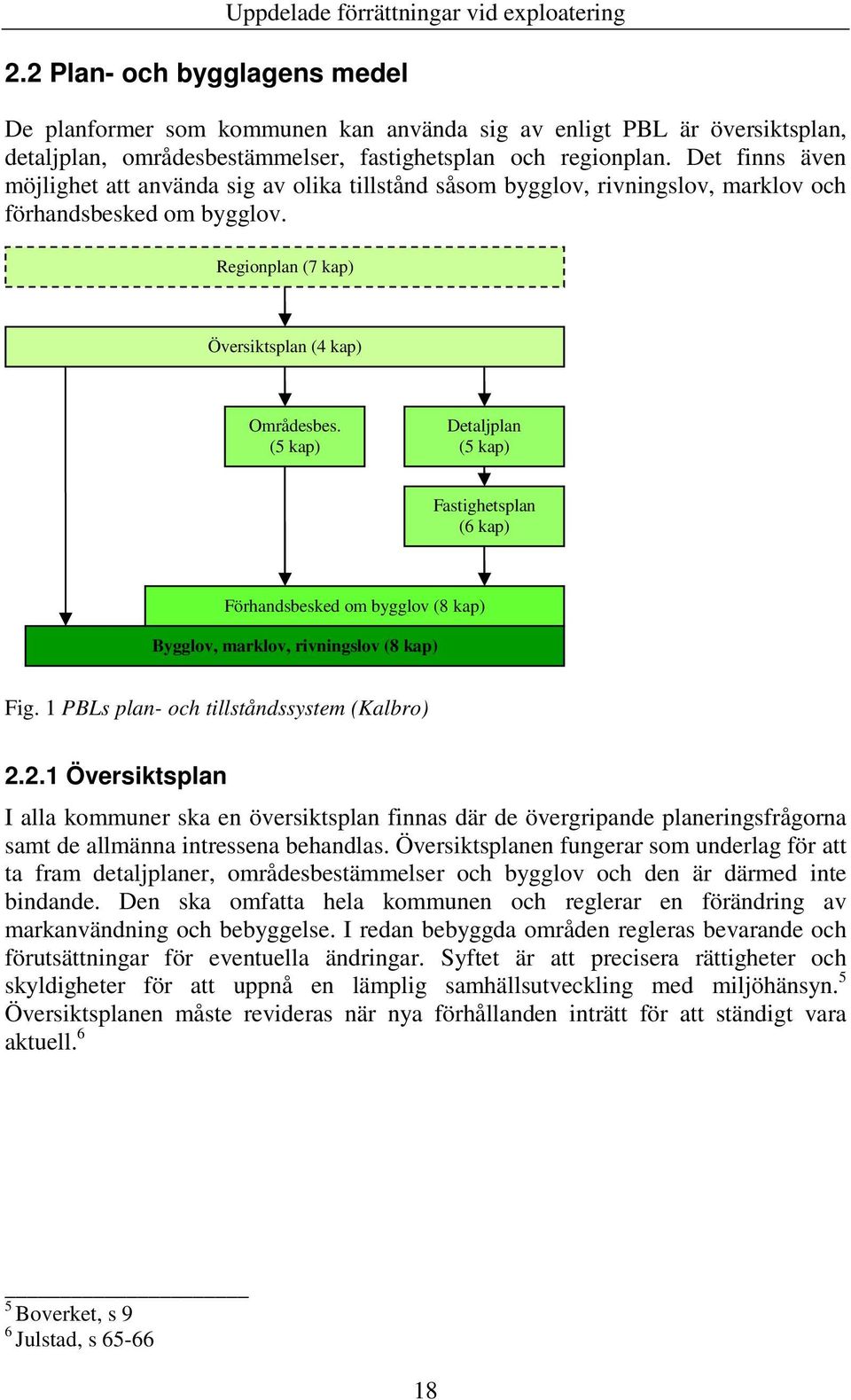 (5 kap) Detaljplan (5 kap) Fastighetsplan (6 kap) Förhandsbesked om bygglov (8 kap) Bygglov, marklov, rivningslov (8 kap) Fig. 1 PBLs plan- och tillståndssystem (Kalbro) 2.