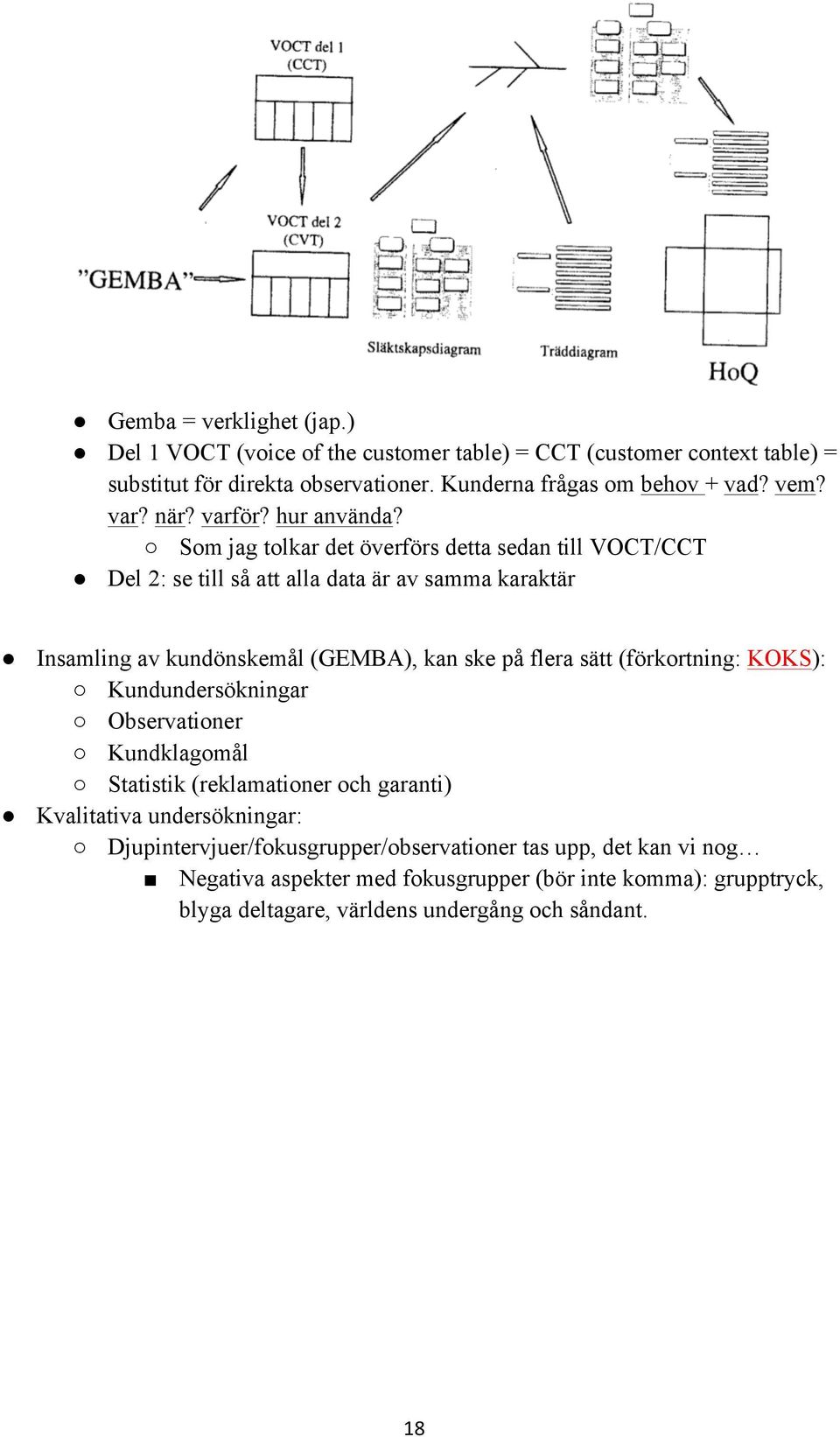 Som jag tolkar det överförs detta sedan till VOCT/CCT Del 2: se till så att alla data är av samma karaktär Insamling av kundönskemål (GEMBA), kan ske på flera sätt