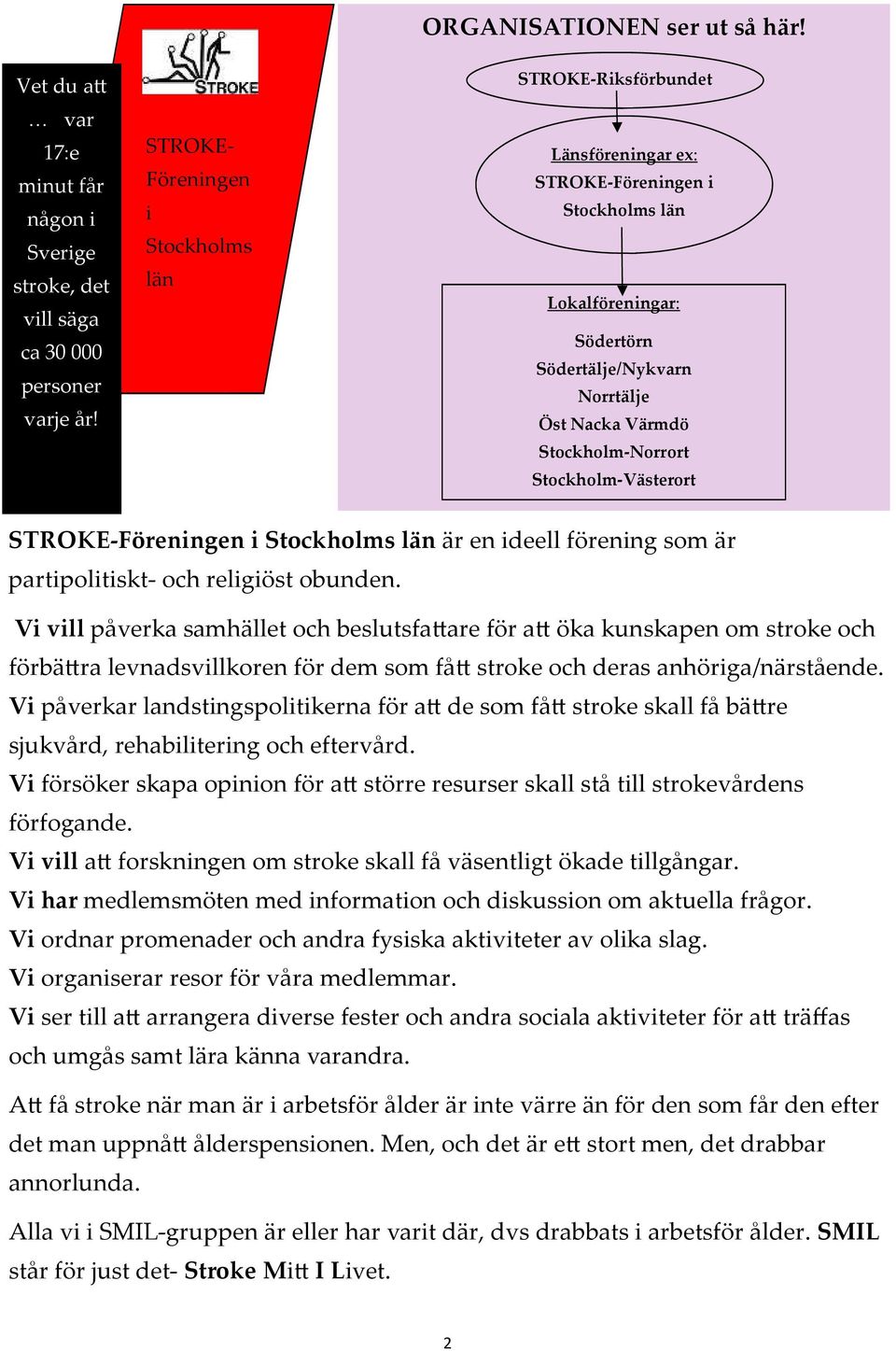 Stockholm-Norrort Stockholm-Västerort STROKE-Föreningen i Stockholms län är en ideell förening som är partipolitiskt- och religiöst obunden.