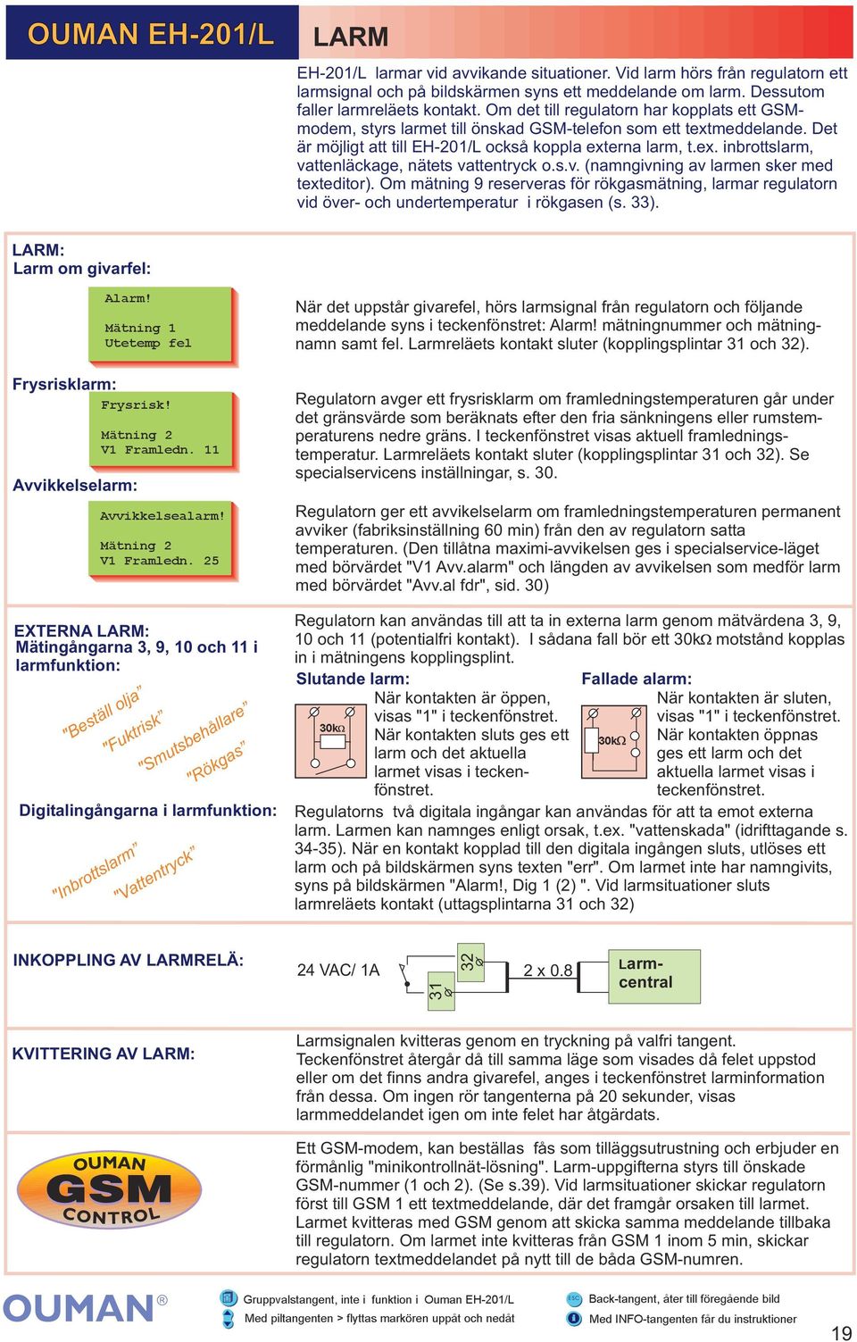 s.v. (namngivning av larmen sker med texteditor). Om mätning 9 reserveras för rökgasmätning, larmar regulatorn vid över- och undertemperatur i rökgasen (s. 33).