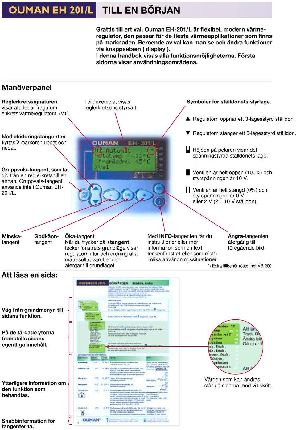 Manöverpanel Reglerkretssignaturen visar att det är fråga om enkrets värmeregulatorn. (V1). Med bläddringstangenten flyttas markören uppåt och nedåt.